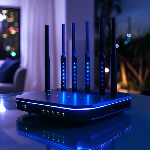 Mavi ışıklı antenleri olan Wi-Fi modem